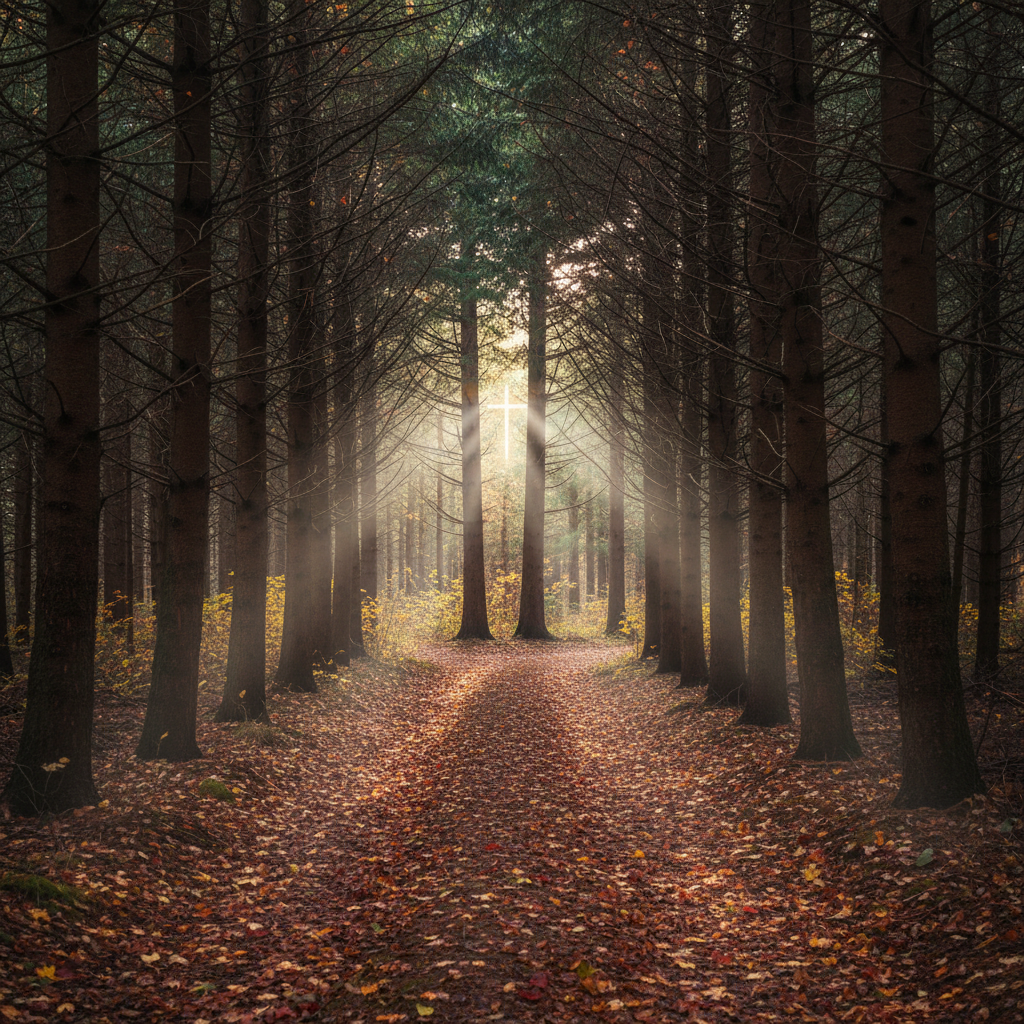 A narrow, winding forest path paved with scattered autumn leaves in warm tones of amber and deep burgundy, leading toward a distant clearing where a subtle, luminous cross-shaped gap appears between tall, dark evergreen trunks. Sunbeams filter through the canopy, sending thin shafts of light that illuminate particles of dust and create dappled patterns on the path. Shot in photographic realism at eye level with a leading-lines composition, the scene invites the viewer to journey forward. The atmosphere is gently mysterious yet filled with peace, suggesting a process of healing and transformation in Christ, with rich textures in bark, leaves, and earth enhancing the sophisticated, contemplative aesthetic.