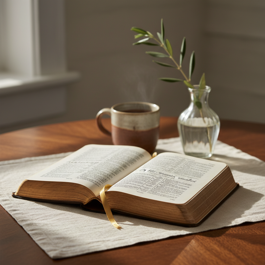 An open, well-worn leather Bible resting on a simple linen cloth atop a dark oak table, its thin pages slightly curled with age and a single golden ribbon marker draped across a passage about healing. Behind it, an out-of-focus ceramic mug of herbal tea and a small glass vase holding a single olive branch suggest a moment of reflective solitude. Soft morning light enters from a nearby unseen window, creating gentle highlights on the gilded page edges and subtle shadows along the text. Captured from a slightly elevated angle with shallow depth of field, the composition is minimalist yet rich, conveying a calm, restorative atmosphere in refined photographic realism.