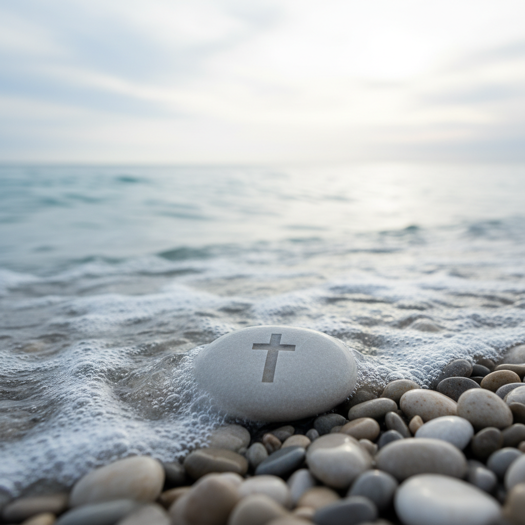 A serene shoreline where small, rhythmic waves caress smooth, pale pebbles, and a single polished stone etched with a subtle, engraved cross lies near the water’s edge. The sky is overcast but bright, casting soft, diffused light that eliminates harsh shadows and wraps the scene in a tranquil glow. Captured in photographic realism from a low, close-up angle, the etched stone dominates the foreground while the blurred horizon and gentle sea fill the background. The restrained color palette of soft blues, grays, and muted sand tones creates a sophisticated, contemplative mood, symbolizing cleansing, renewal, and the quiet work of Christ’s restoration.